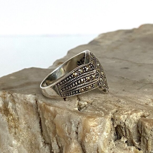 Sterling Silver 925 Art Deco Style Marcasite Asymmetric Wide Band Ring Sz 6.5 - Picture 5 of 16